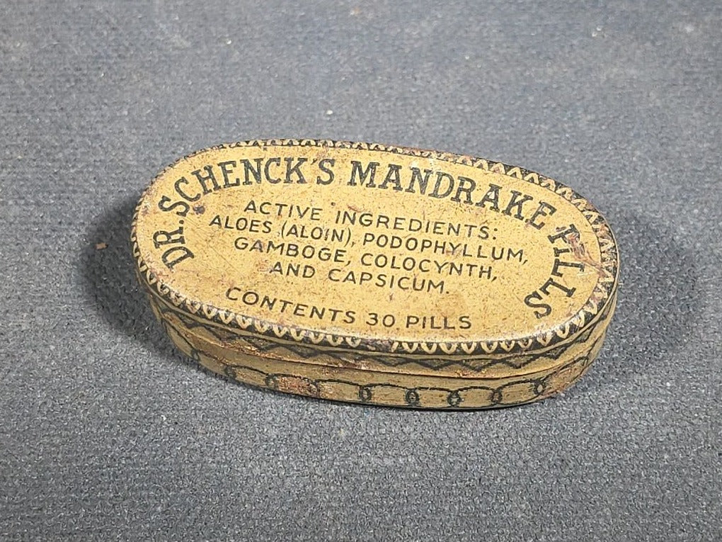 Trio of Antique Advertising Tins and Apothecary Containers including Tetley's Teas with Elephant Trademark, Dr. Schenck's Mandrake Pills by J.H. Schenck & Son of Philadelphia, and Weeks & Badger Apothecaries Pill Box from Boston, Massachusetts
