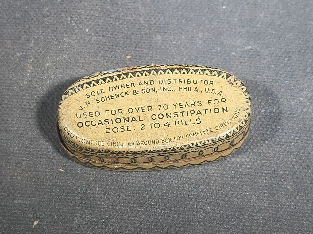 Trio of Antique Advertising Tins and Apothecary Containers including Tetley's Teas with Elephant Trademark, Dr. Schenck's Mandrake Pills by J.H. Schenck & Son of Philadelphia, and Weeks & Badger Apothecaries Pill Box from Boston, Massachusetts