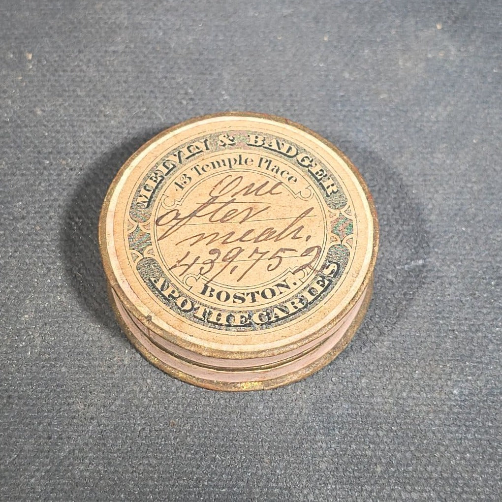 Trio of Antique Advertising Tins and Apothecary Containers including Tetley's Teas with Elephant Trademark, Dr. Schenck's Mandrake Pills by J.H. Schenck & Son of Philadelphia, and Weeks & Badger Apothecaries Pill Box from Boston, Massachusetts