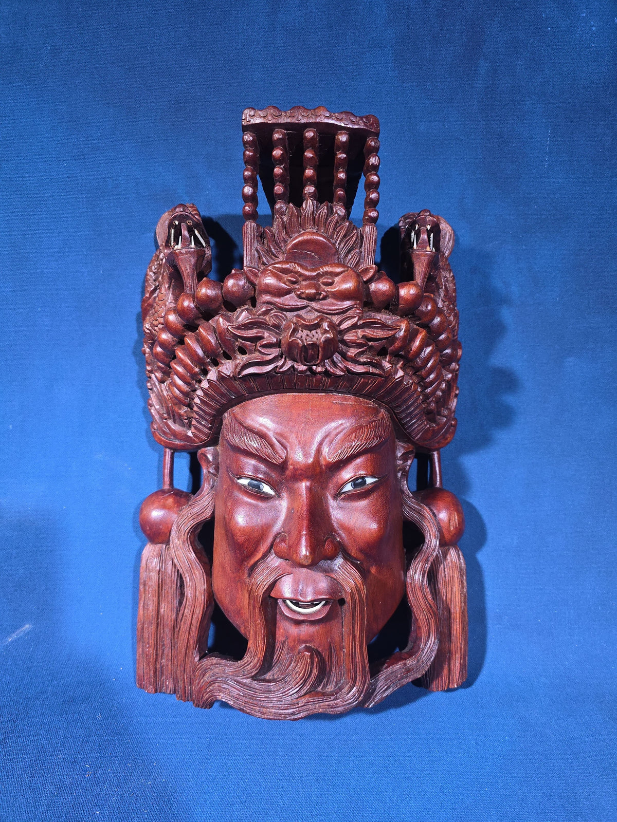 Vintage Chinese Carved Wood Wall Mask of a Bearded Figure with Elaborate Dragon Headdress