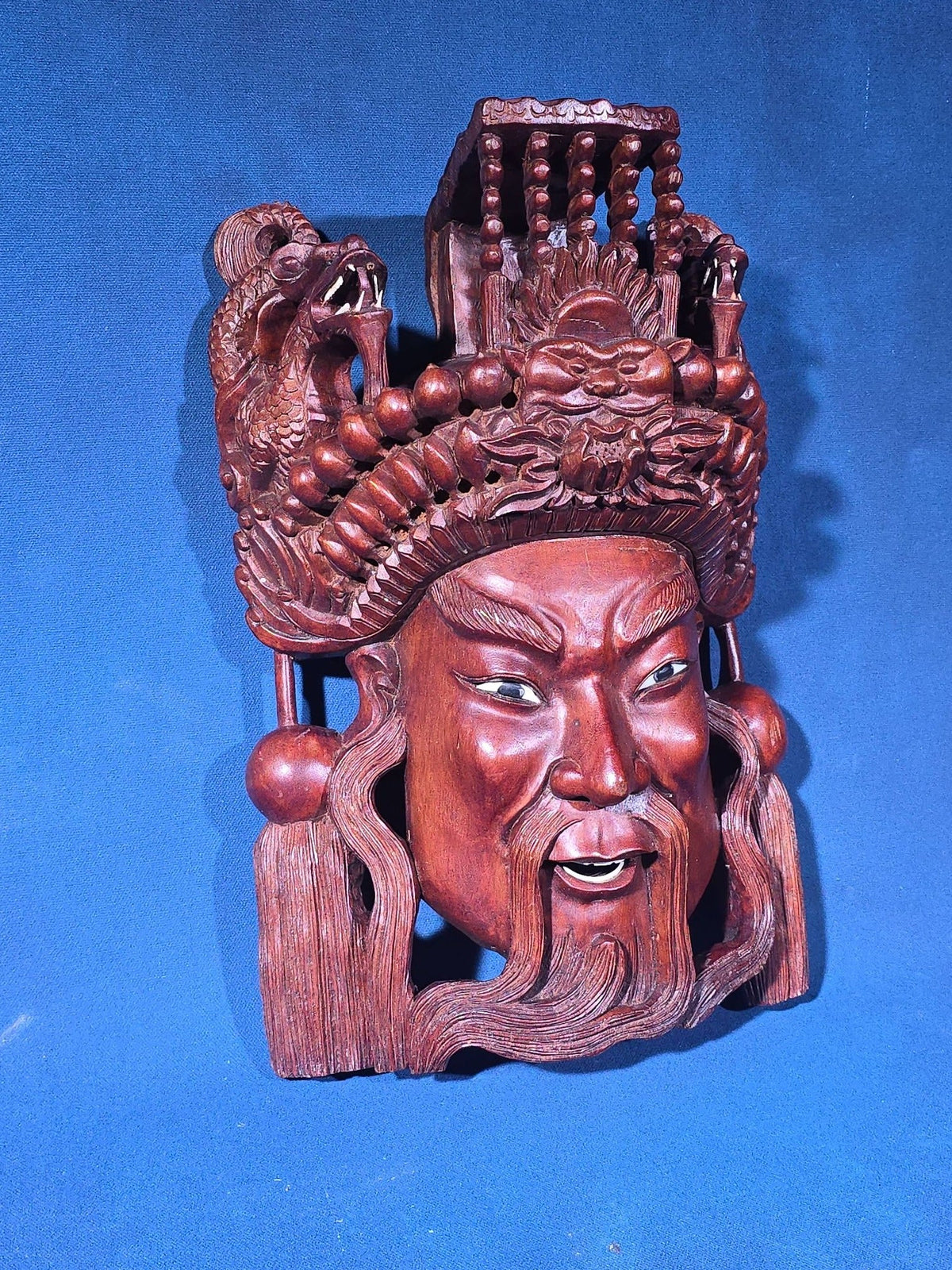 Vintage Chinese Carved Wood Wall Mask of a Bearded Figure with Elaborate Dragon Headdress