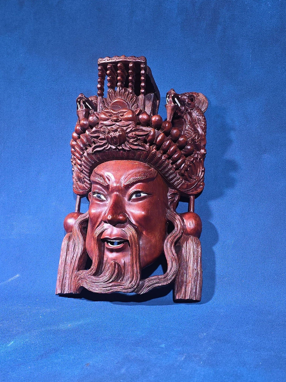 Vintage Chinese Carved Wood Wall Mask of a Bearded Figure with Elaborate Dragon Headdress