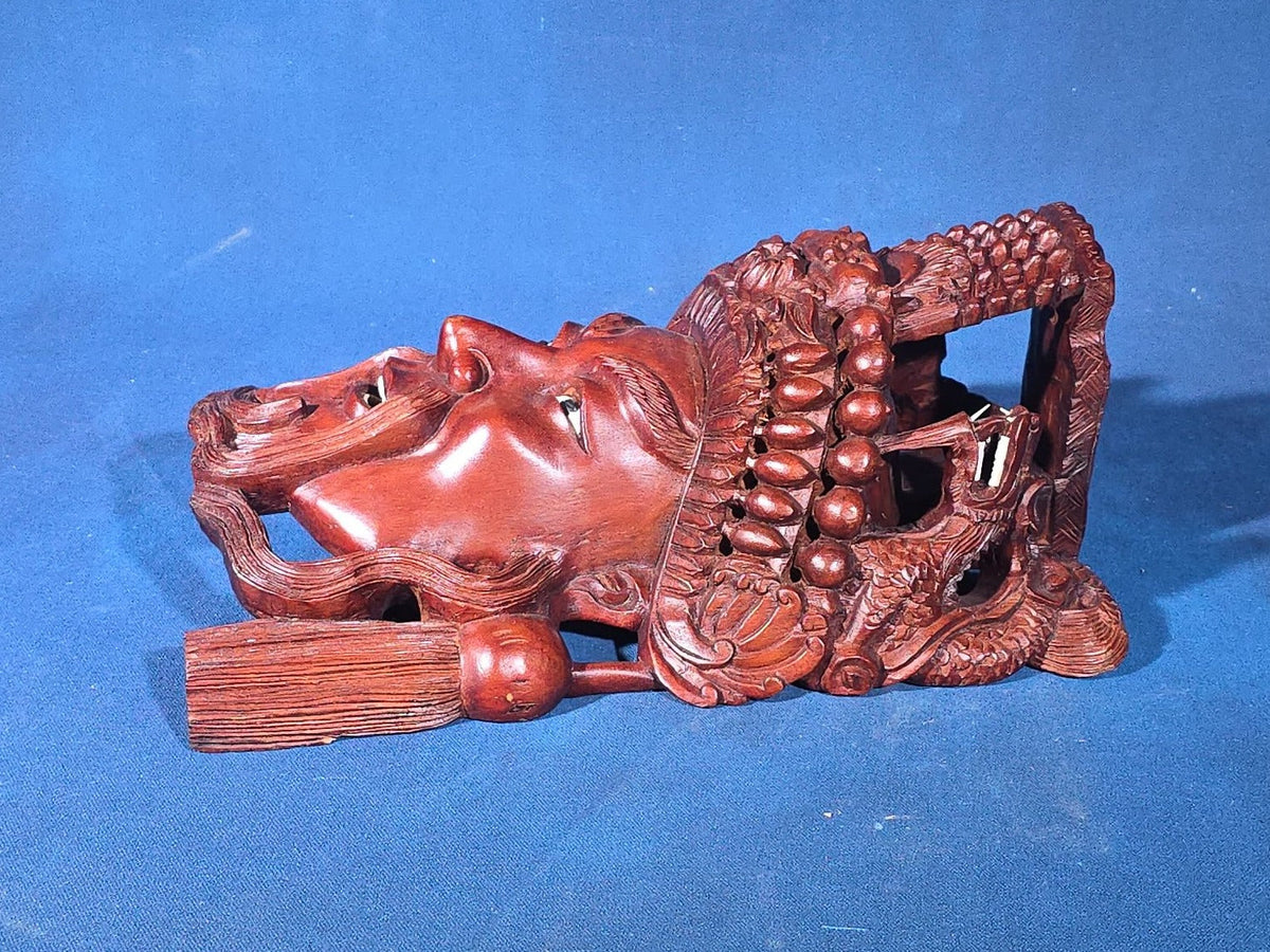 Vintage Chinese Carved Wood Wall Mask of a Bearded Figure with Elaborate Dragon Headdress