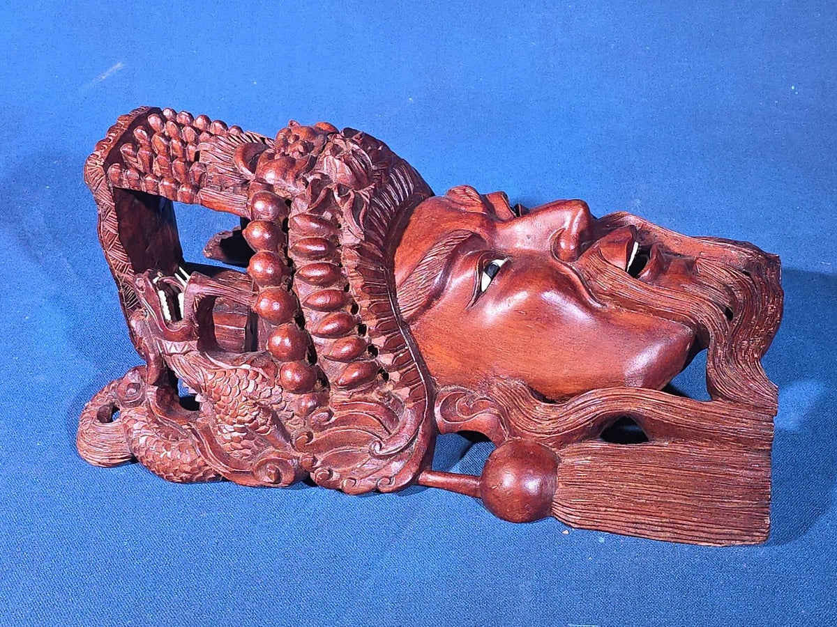 Vintage Chinese Carved Wood Wall Mask of a Bearded Figure with Elaborate Dragon Headdress