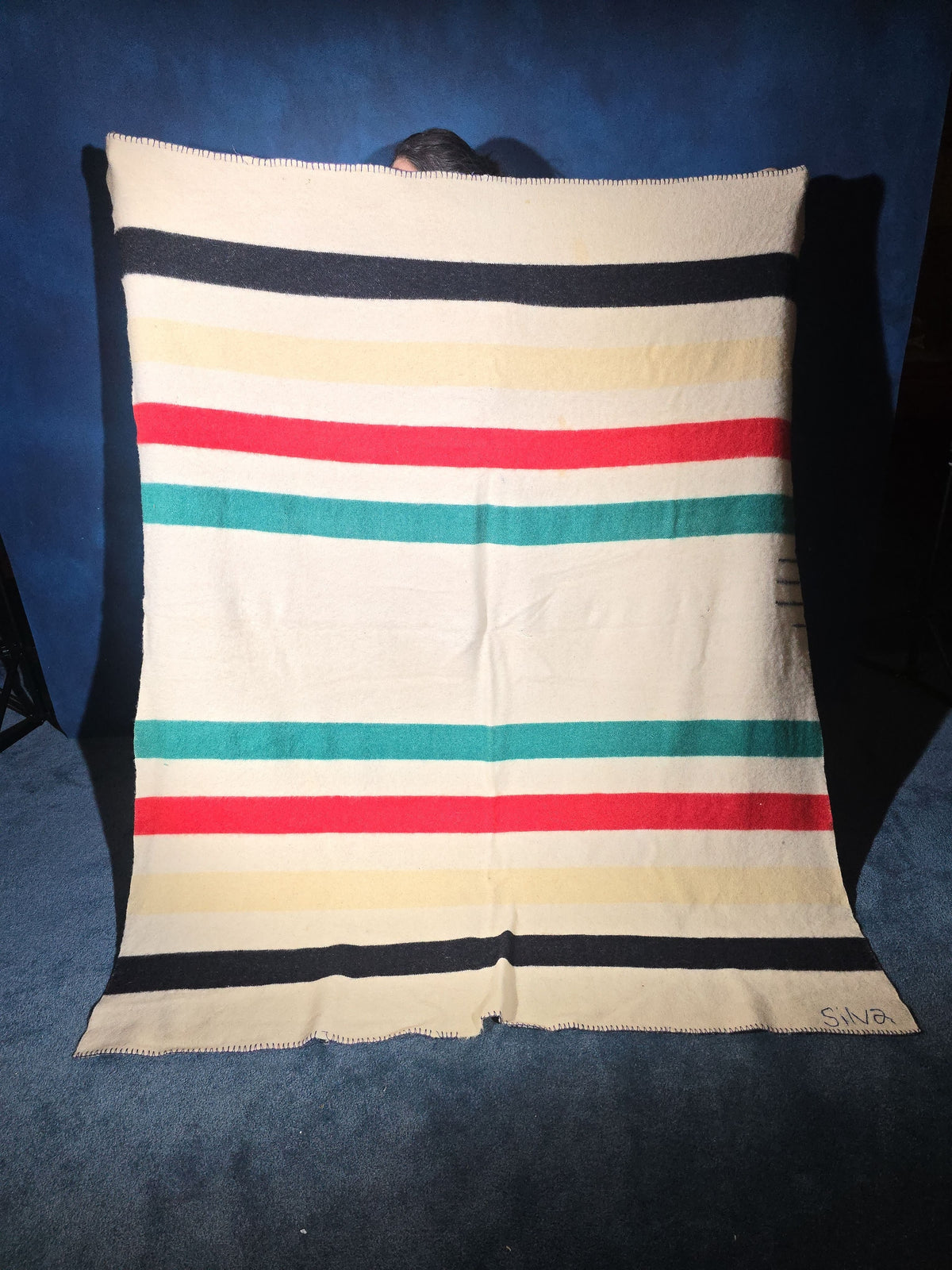 Vintage Hudson's Bay Company Four-Point Wool Blanket, Made in England, Embroidered "Silva"