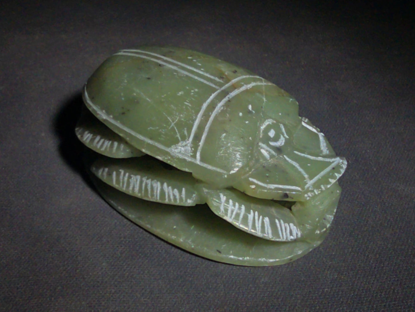 Vintage Carved Green Soapstone Egyptian Scarab Beetle Figure with Hieroglyphic Base, Tourist Reproduction