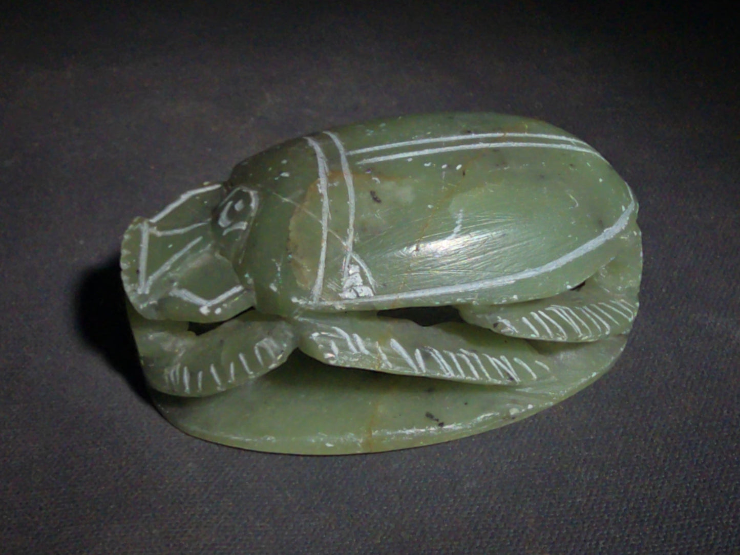 Vintage Carved Green Soapstone Egyptian Scarab Beetle Figure with Hieroglyphic Base, Tourist Reproduction