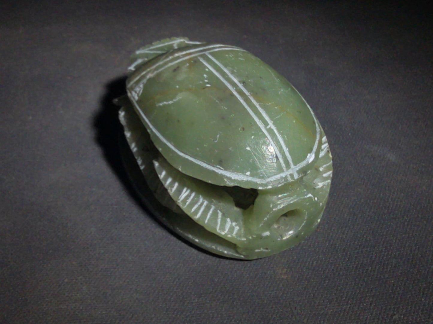 Vintage Carved Green Soapstone Egyptian Scarab Beetle Figure with Hieroglyphic Base, Tourist Reproduction
