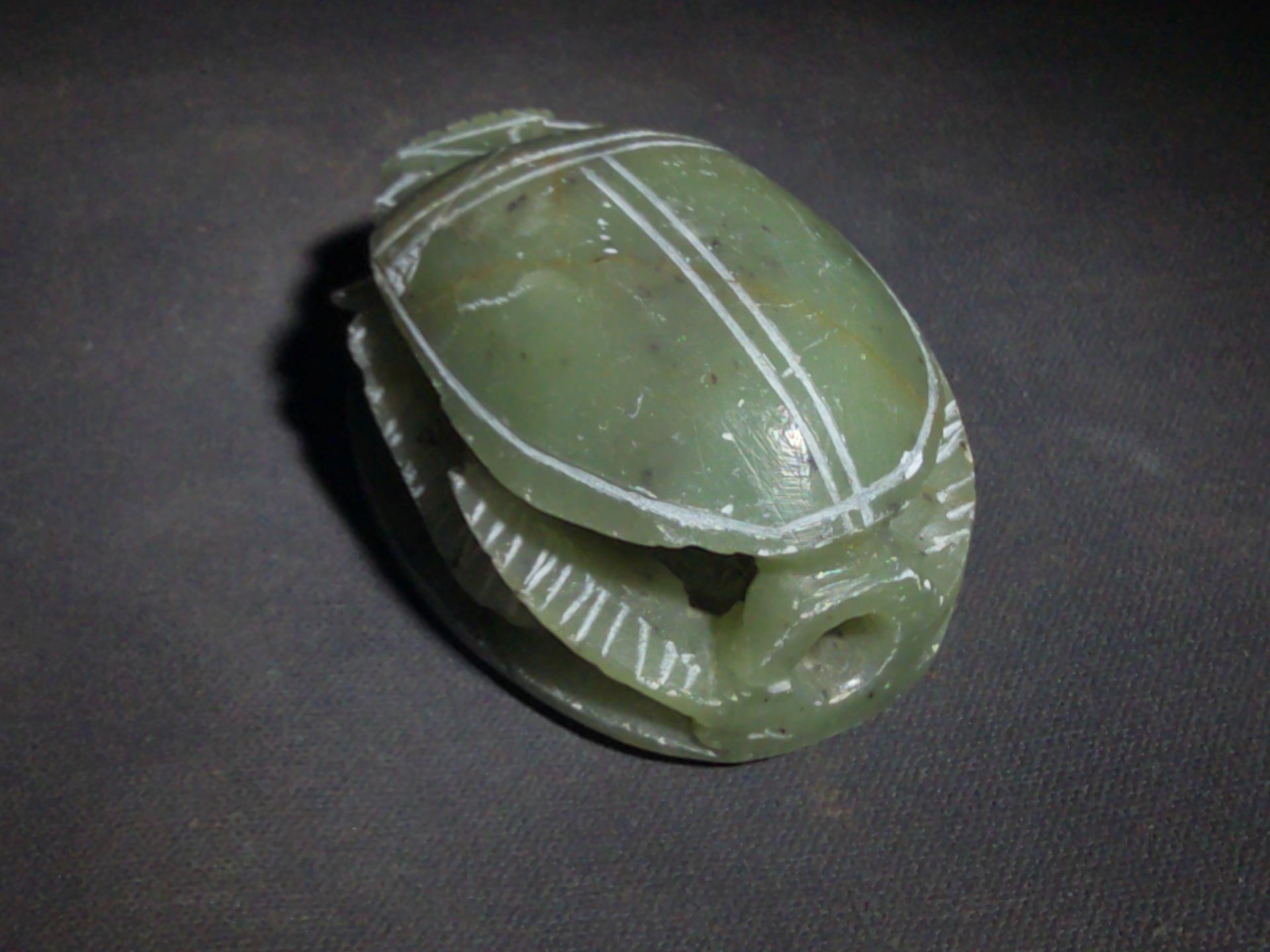 Vintage Carved Green Soapstone Egyptian Scarab Beetle Figure with Hieroglyphic Base, Tourist Reproduction