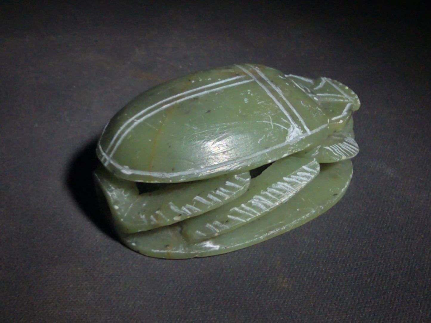 Vintage Carved Green Soapstone Egyptian Scarab Beetle Figure with Hieroglyphic Base, Tourist Reproduction