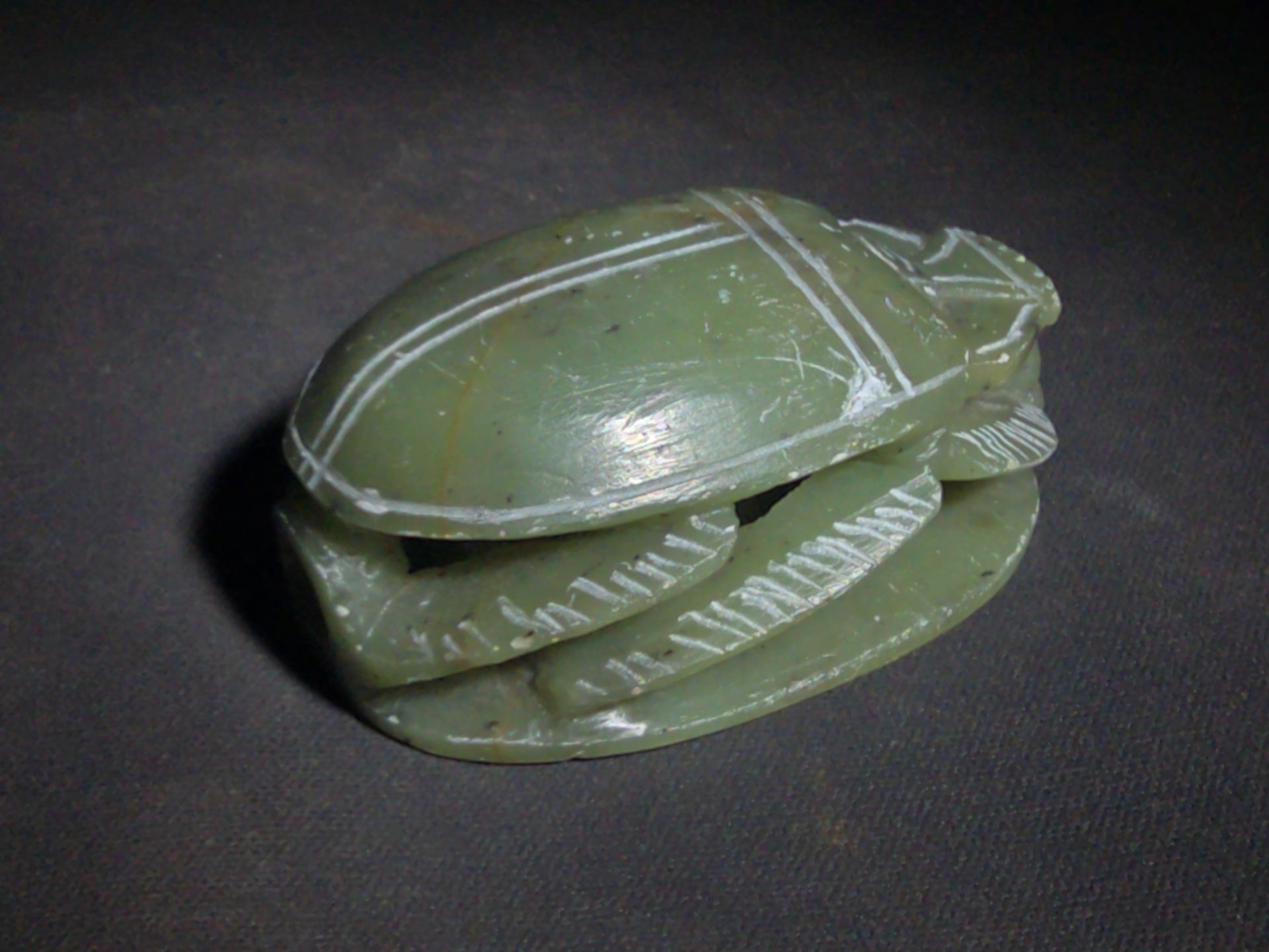 Vintage Carved Green Soapstone Egyptian Scarab Beetle Figure with Hieroglyphic Base, Tourist Reproduction