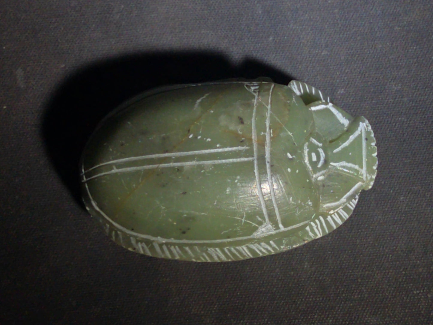 Vintage Carved Green Soapstone Egyptian Scarab Beetle Figure with Hieroglyphic Base, Tourist Reproduction