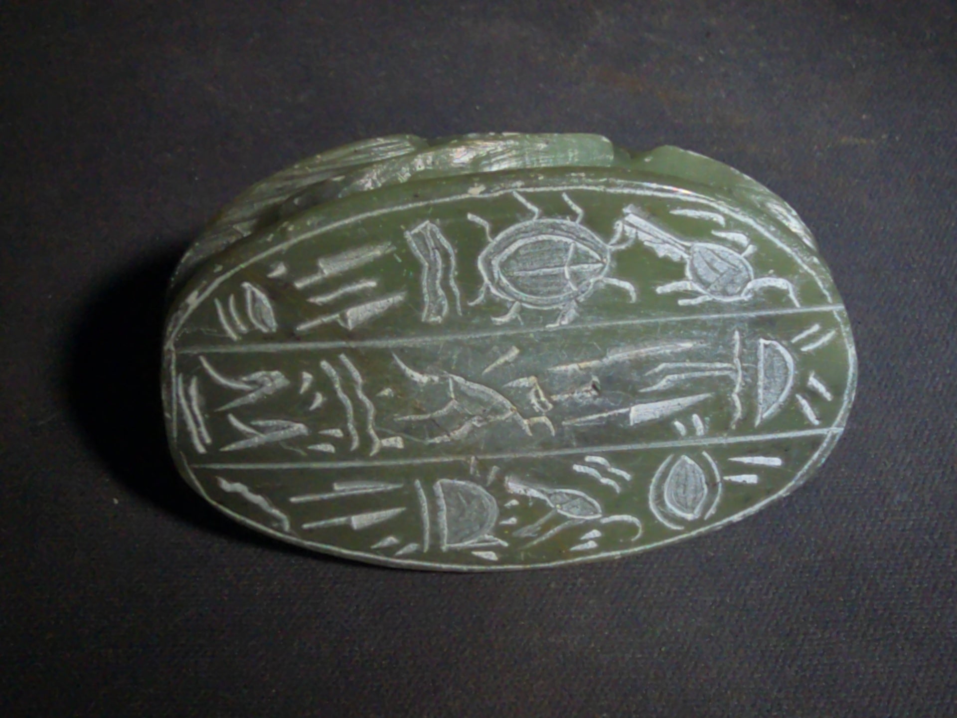 Vintage Carved Green Soapstone Egyptian Scarab Beetle Figure with Hieroglyphic Base, Tourist Reproduction