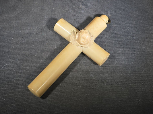 Antique Victorian Ivory Cross Pendant with Carved Winged Cherub Head at Center