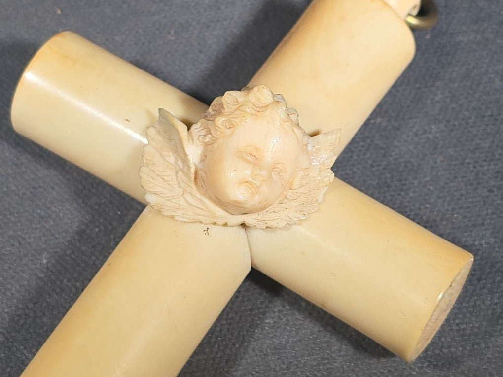 Antique Victorian Ivory Cross Pendant with Carved Winged Cherub Head at Center