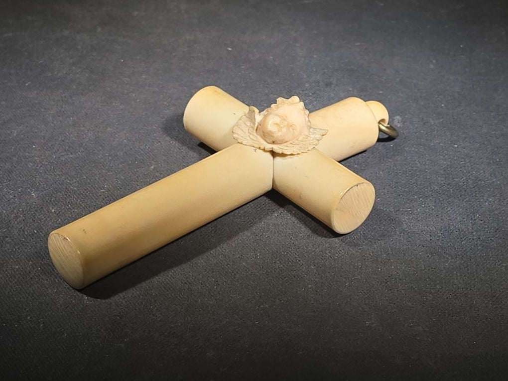 Antique Victorian Ivory Cross Pendant with Carved Winged Cherub Head at Center