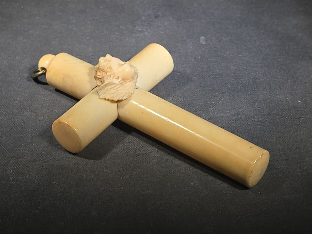 Antique Victorian Ivory Cross Pendant with Carved Winged Cherub Head at Center