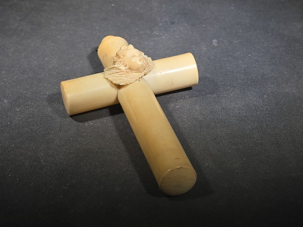 Antique Victorian Ivory Cross Pendant with Carved Winged Cherub Head at Center