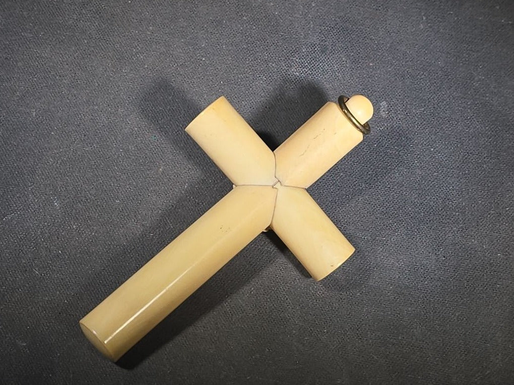 Antique Victorian Ivory Cross Pendant with Carved Winged Cherub Head at Center