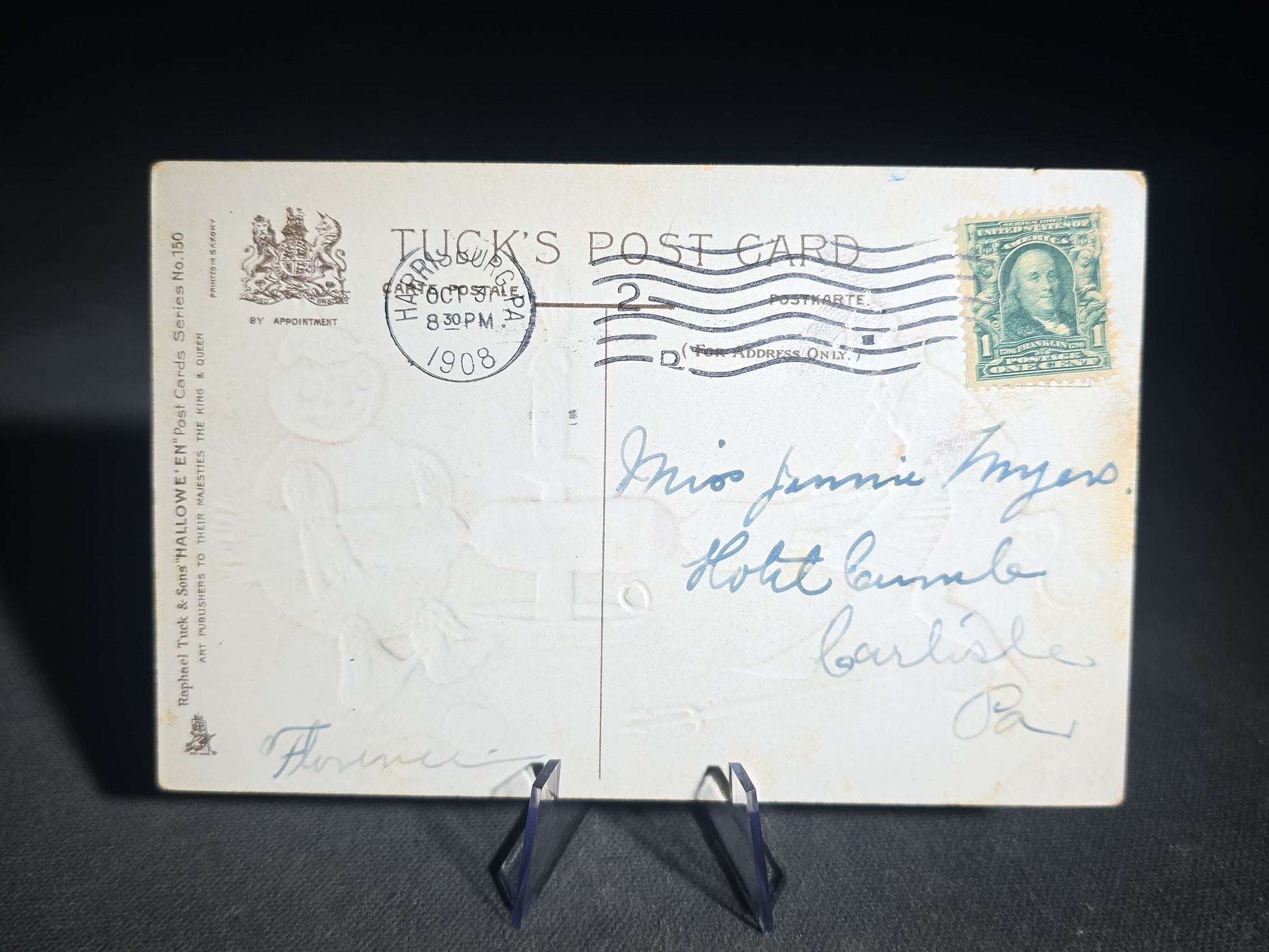 Antique Raphael Tuck & Sons "Hallowe'en" Postcard Series No. 150 with Devil and Jack-O-Lantern Man Pulling a Cracker, Postmarked October 31, 1908, Harrisburg, Pennsylvania