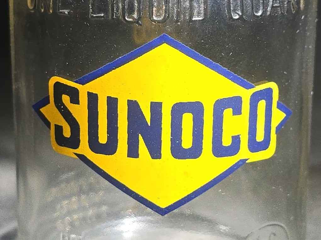 Vintage One-Quart Glass Motor Oil Bottle Advertising Sunoco with Metal Spout, Duraglas BW 1228