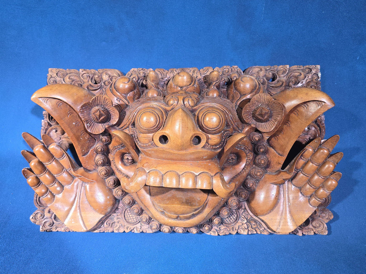 Vintage Carved Wood Balinese Barong Wall Panel, Inscribed Ubud, Lodtunduh, I W. Retig