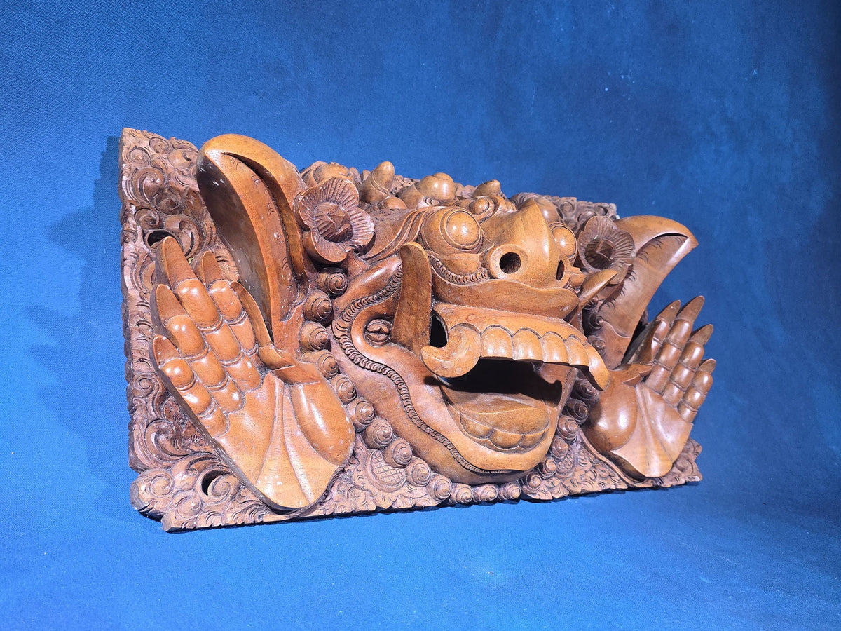 Vintage Carved Wood Balinese Barong Wall Panel, Inscribed Ubud, Lodtunduh, I W. Retig