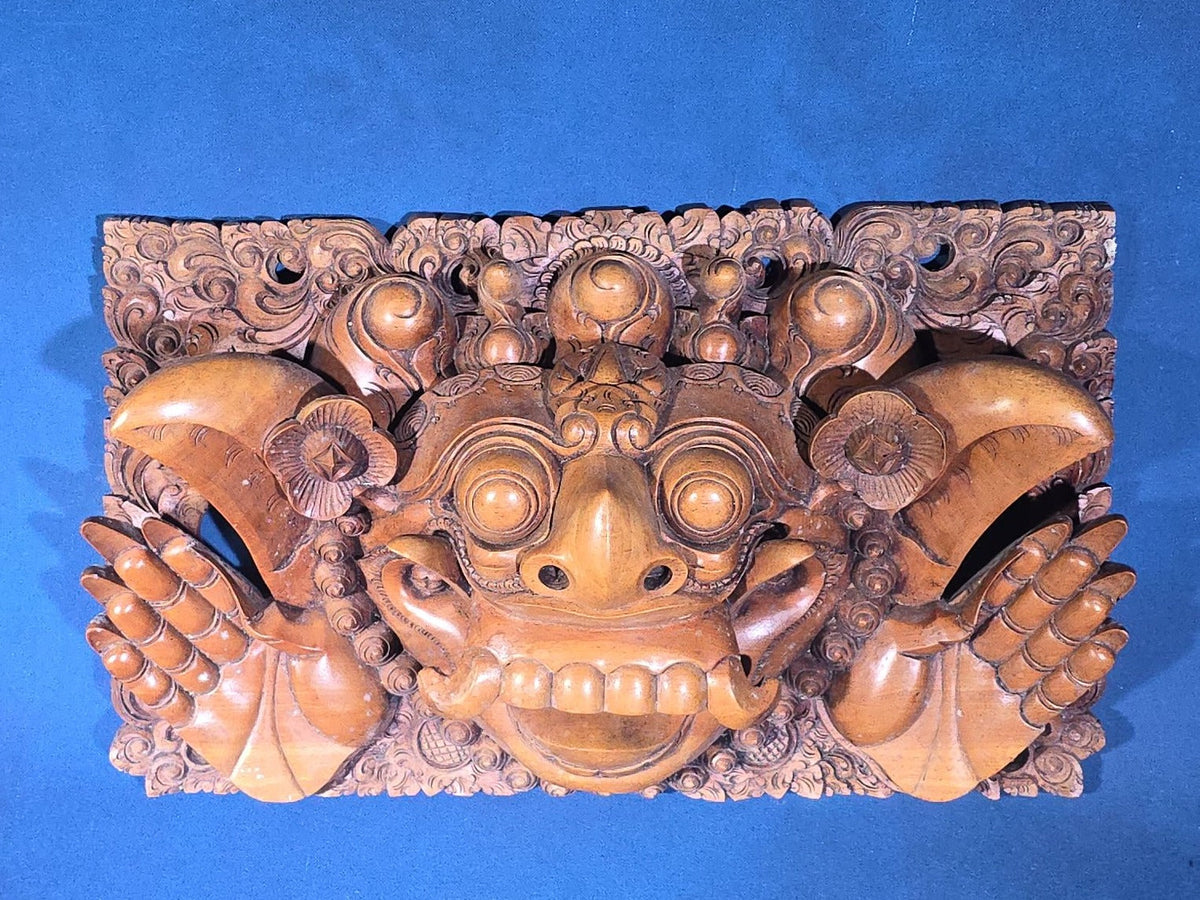 Vintage Carved Wood Balinese Barong Wall Panel, Inscribed Ubud, Lodtunduh, I W. Retig