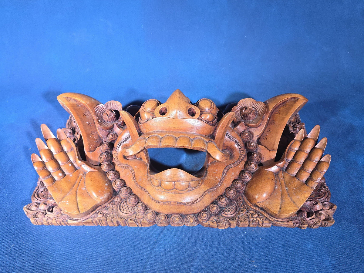 Vintage Carved Wood Balinese Barong Wall Panel, Inscribed Ubud, Lodtunduh, I W. Retig