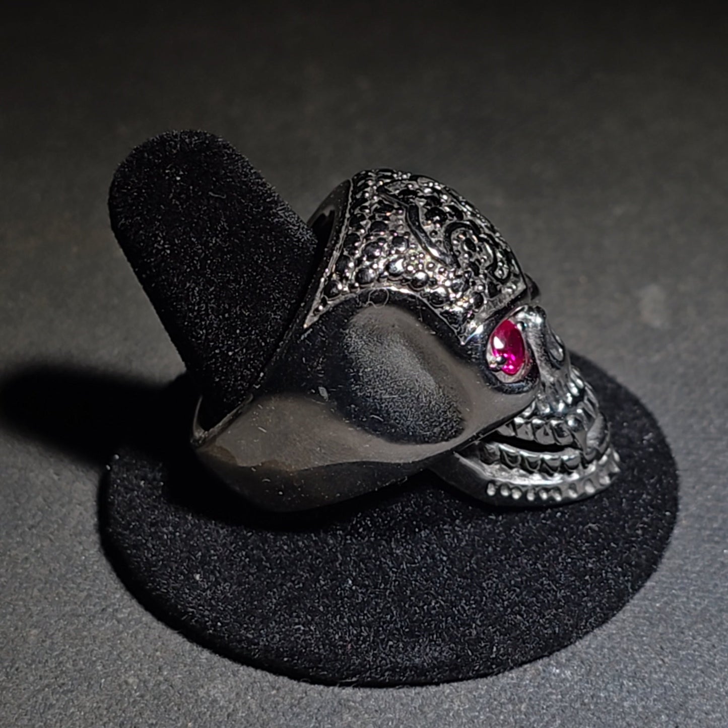 Modern Stainless Steel Skull Biker Ring with Pink Stone Eyes