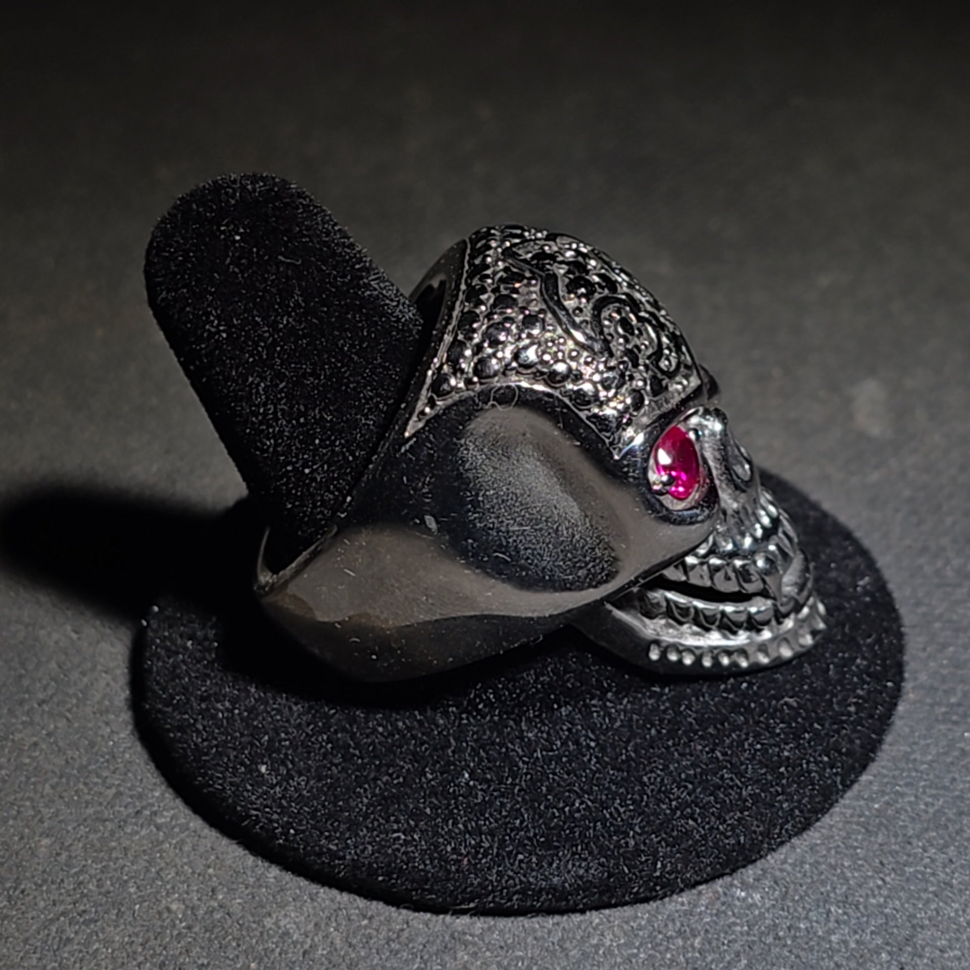 Modern Stainless Steel Skull Biker Ring with Pink Stone Eyes