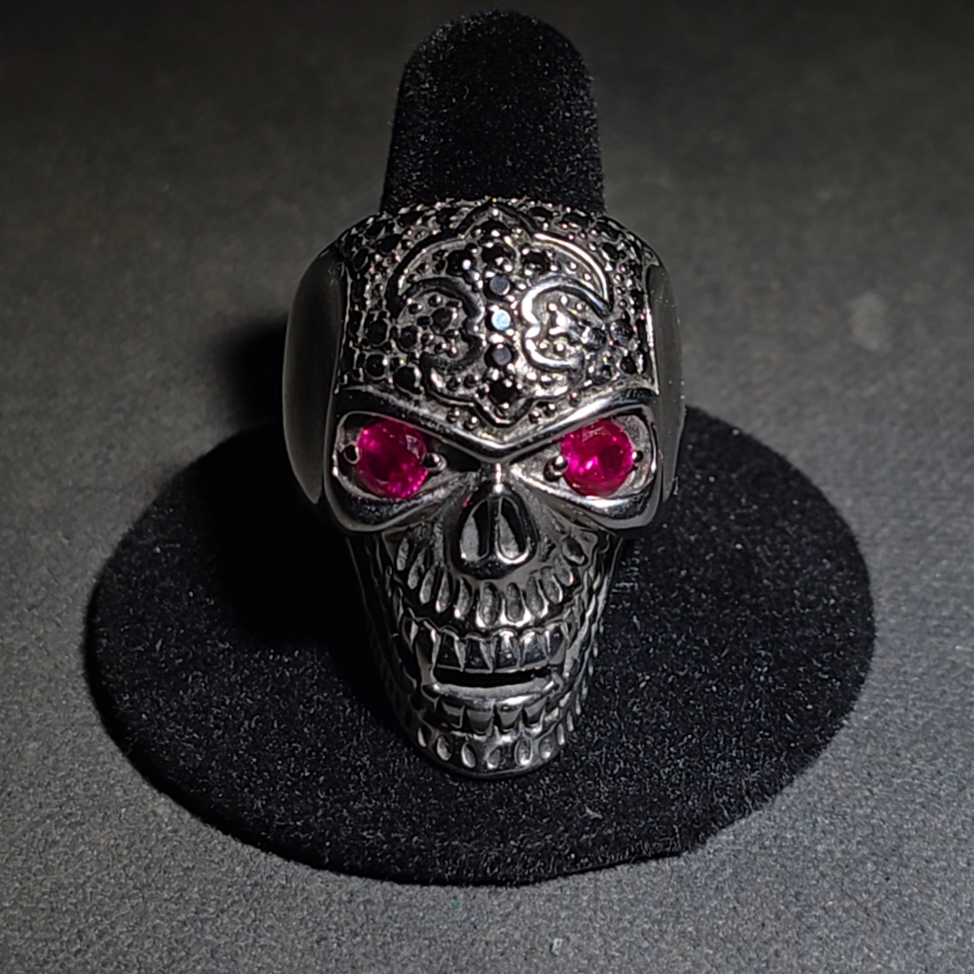Modern Stainless Steel Skull Biker Ring with Pink Stone Eyes