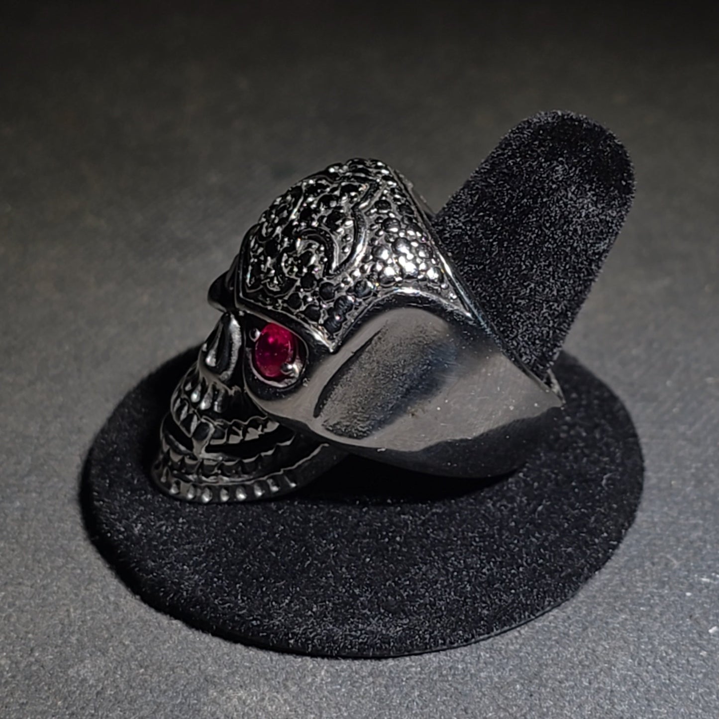 Modern Stainless Steel Skull Biker Ring with Pink Stone Eyes