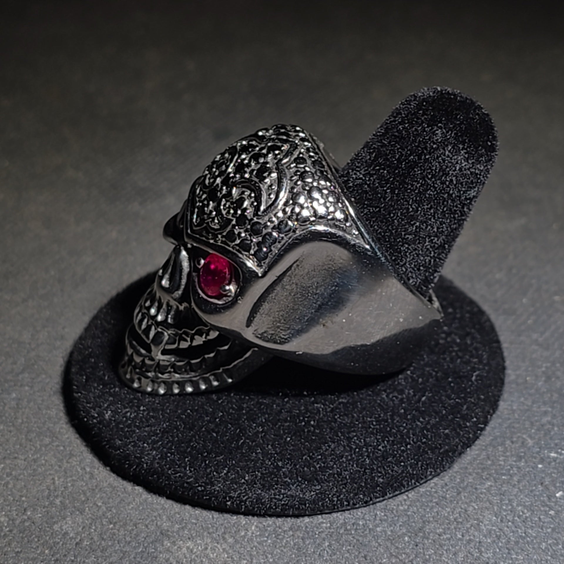 Modern Stainless Steel Skull Biker Ring with Pink Stone Eyes