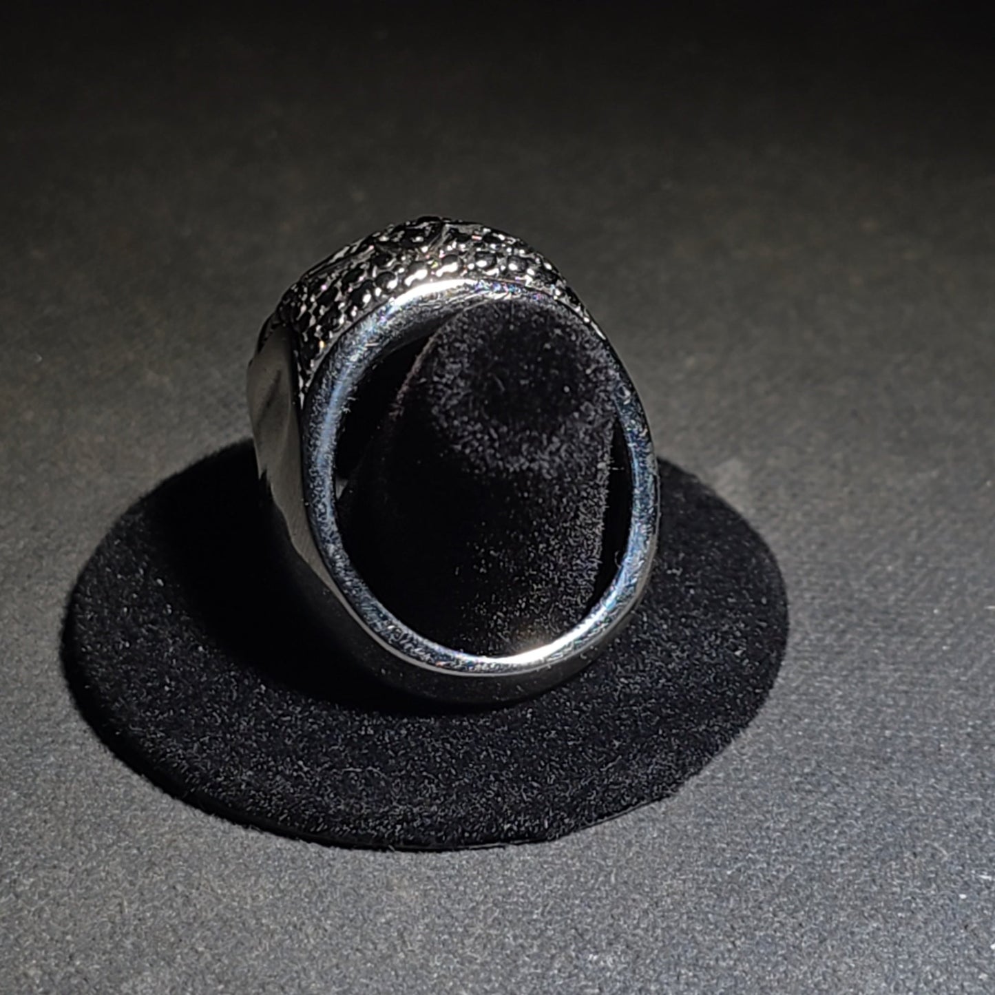 Modern Stainless Steel Skull Biker Ring with Pink Stone Eyes