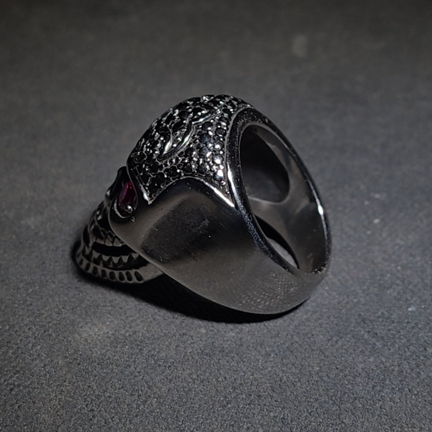 Modern Stainless Steel Skull Biker Ring with Pink Stone Eyes