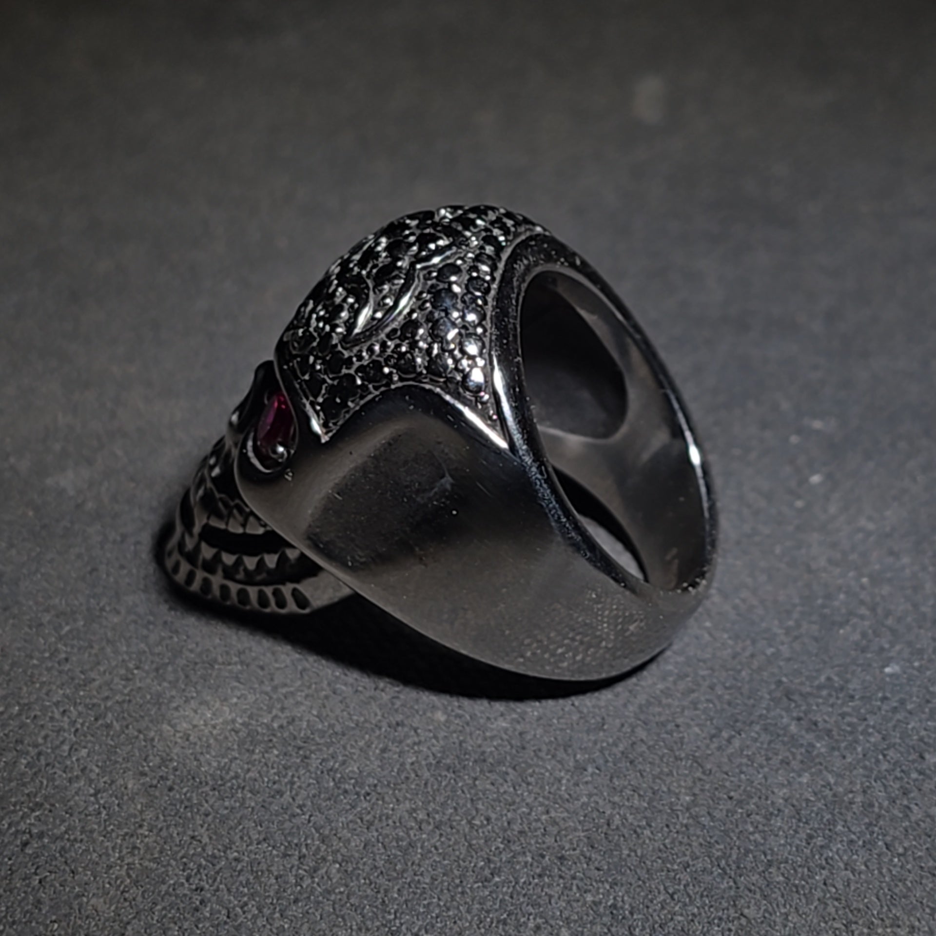 Modern Stainless Steel Skull Biker Ring with Pink Stone Eyes