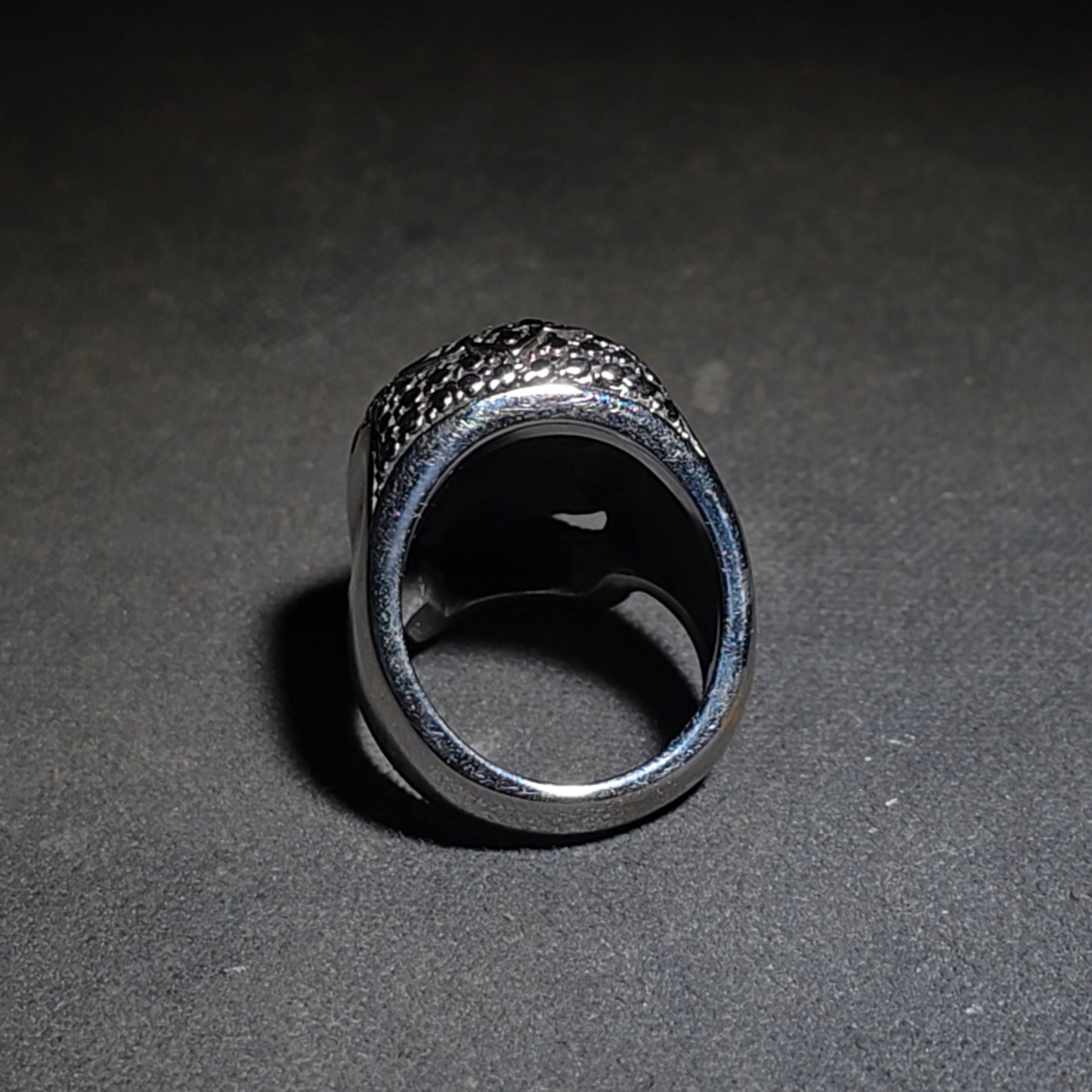 Modern Stainless Steel Skull Biker Ring with Pink Stone Eyes