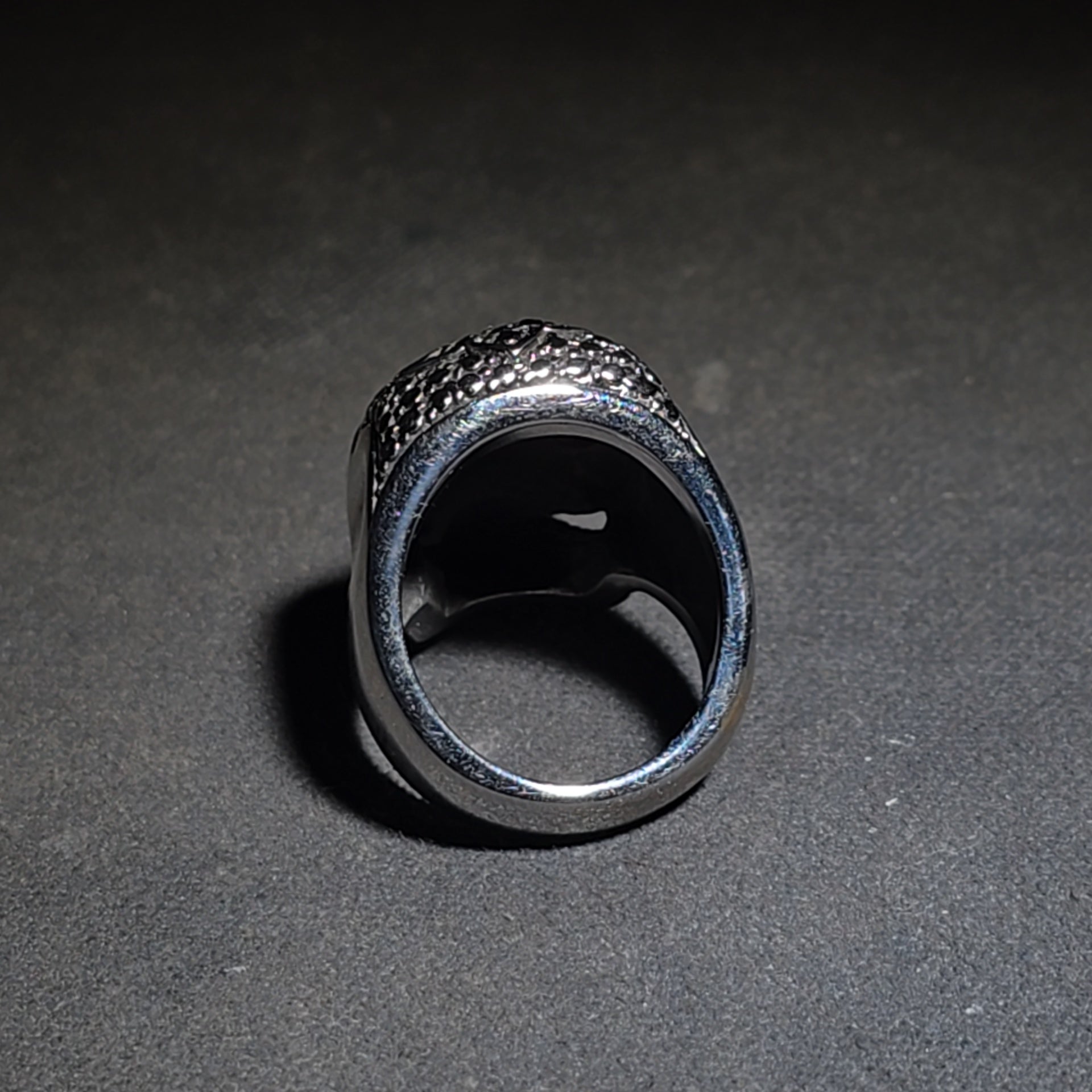 Modern Stainless Steel Skull Biker Ring with Pink Stone Eyes