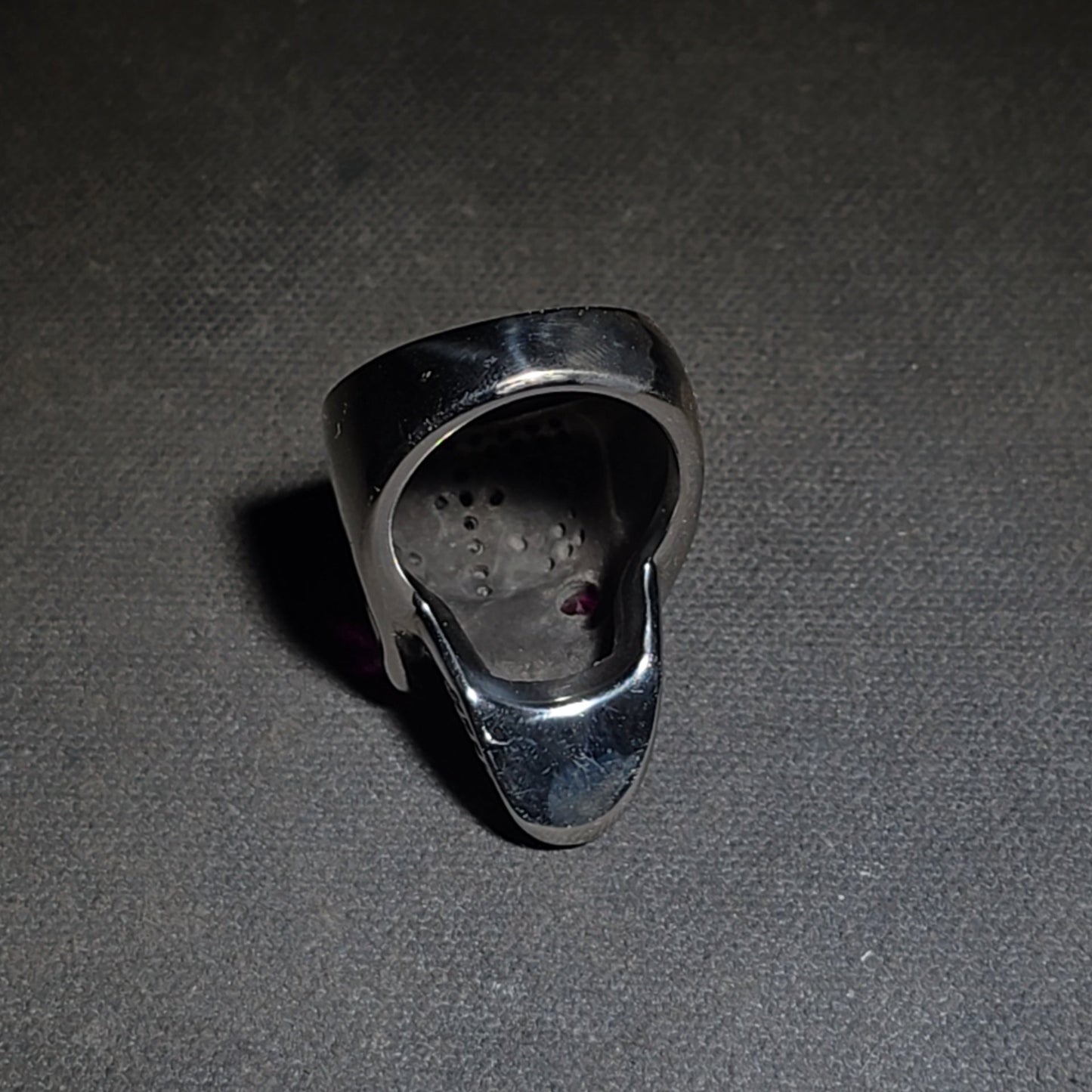 Modern Stainless Steel Skull Biker Ring with Pink Stone Eyes