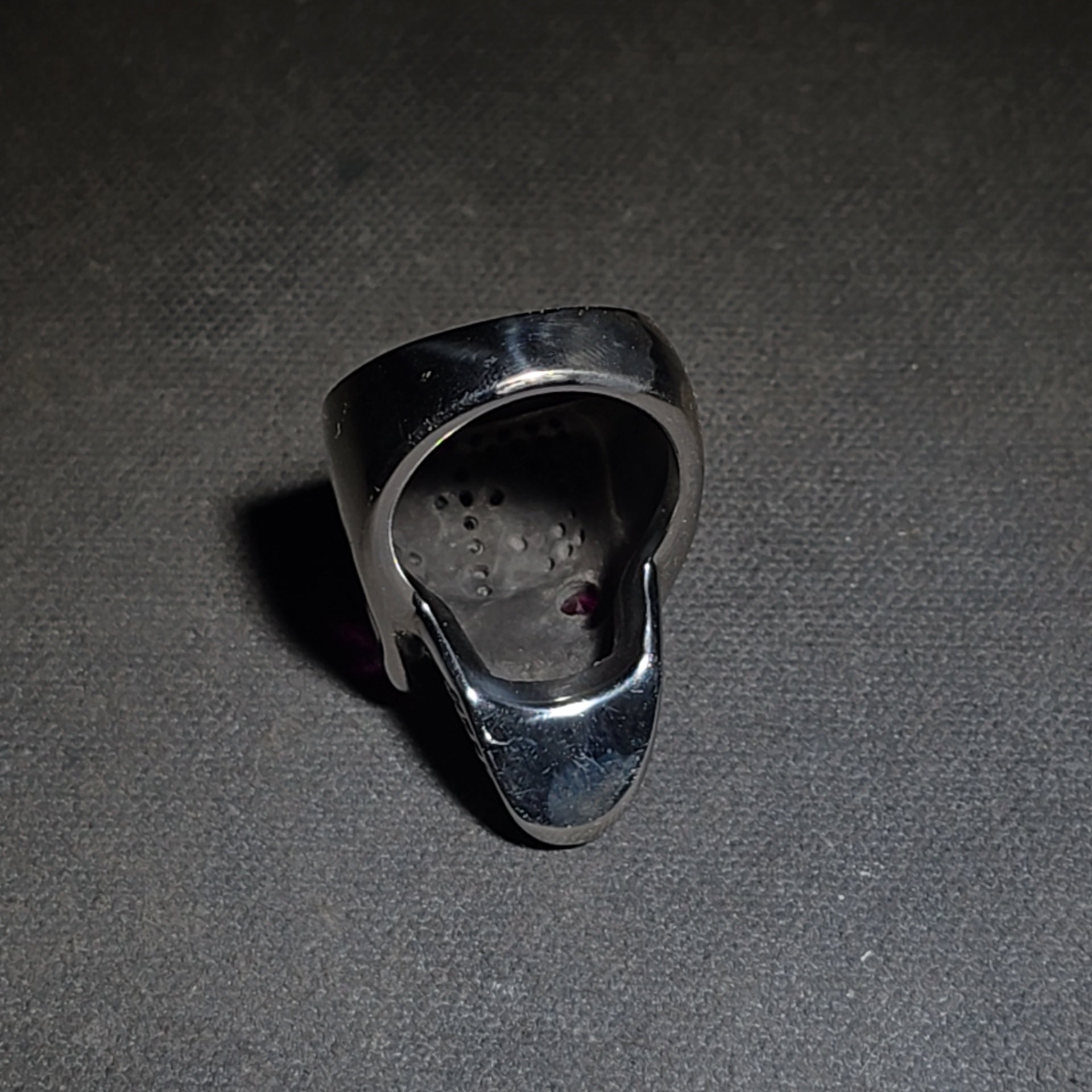 Modern Stainless Steel Skull Biker Ring with Pink Stone Eyes