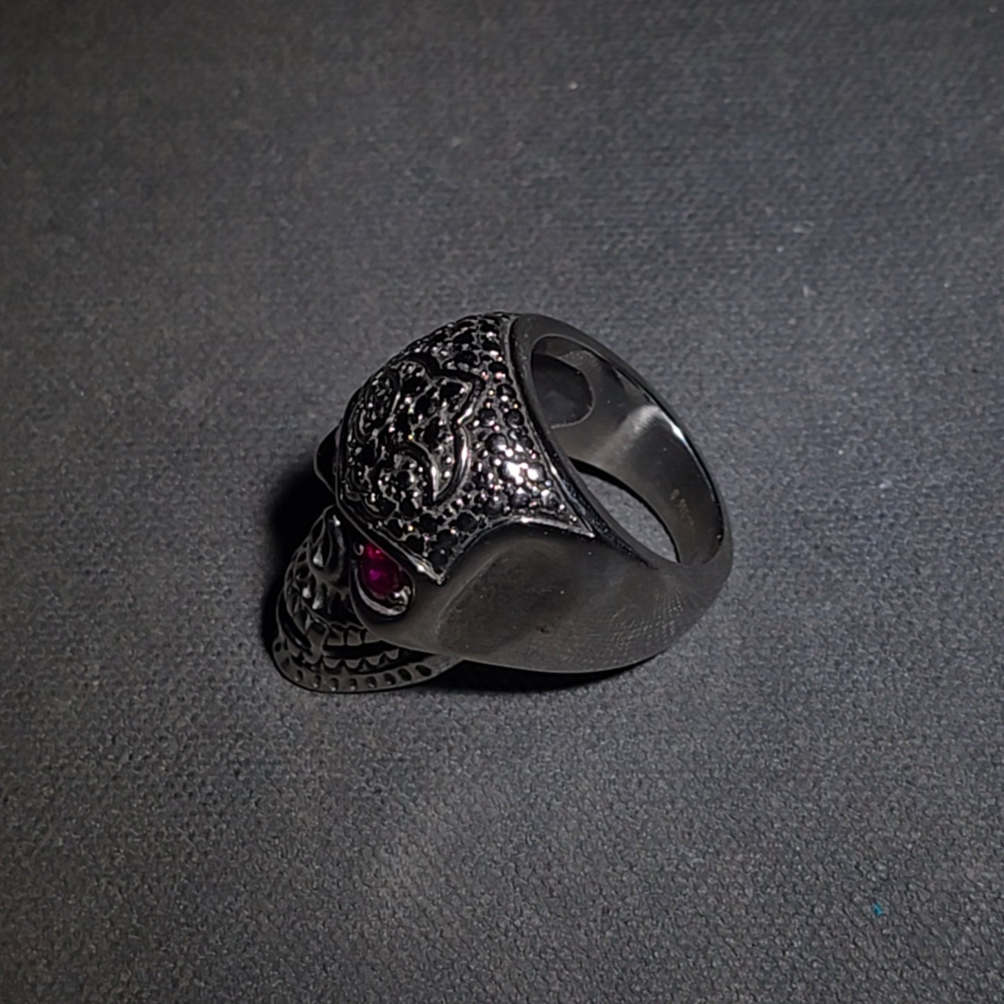 Modern Stainless Steel Skull Biker Ring with Pink Stone Eyes