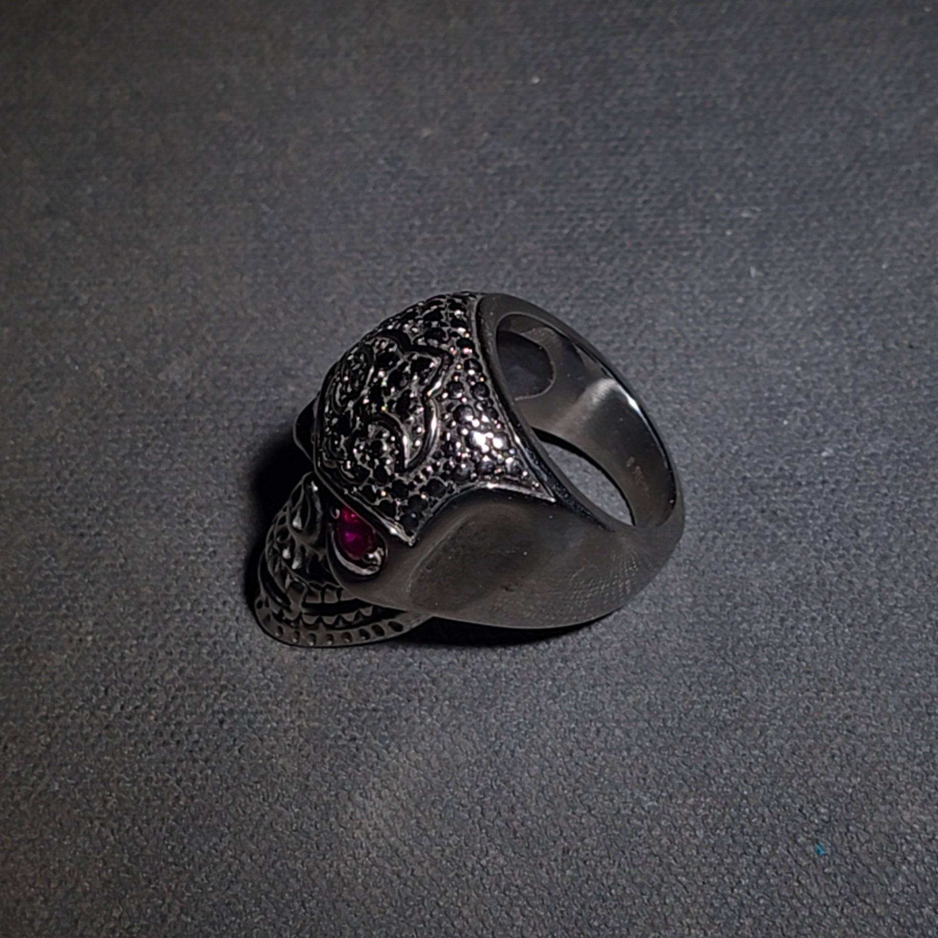 Modern Stainless Steel Skull Biker Ring with Pink Stone Eyes