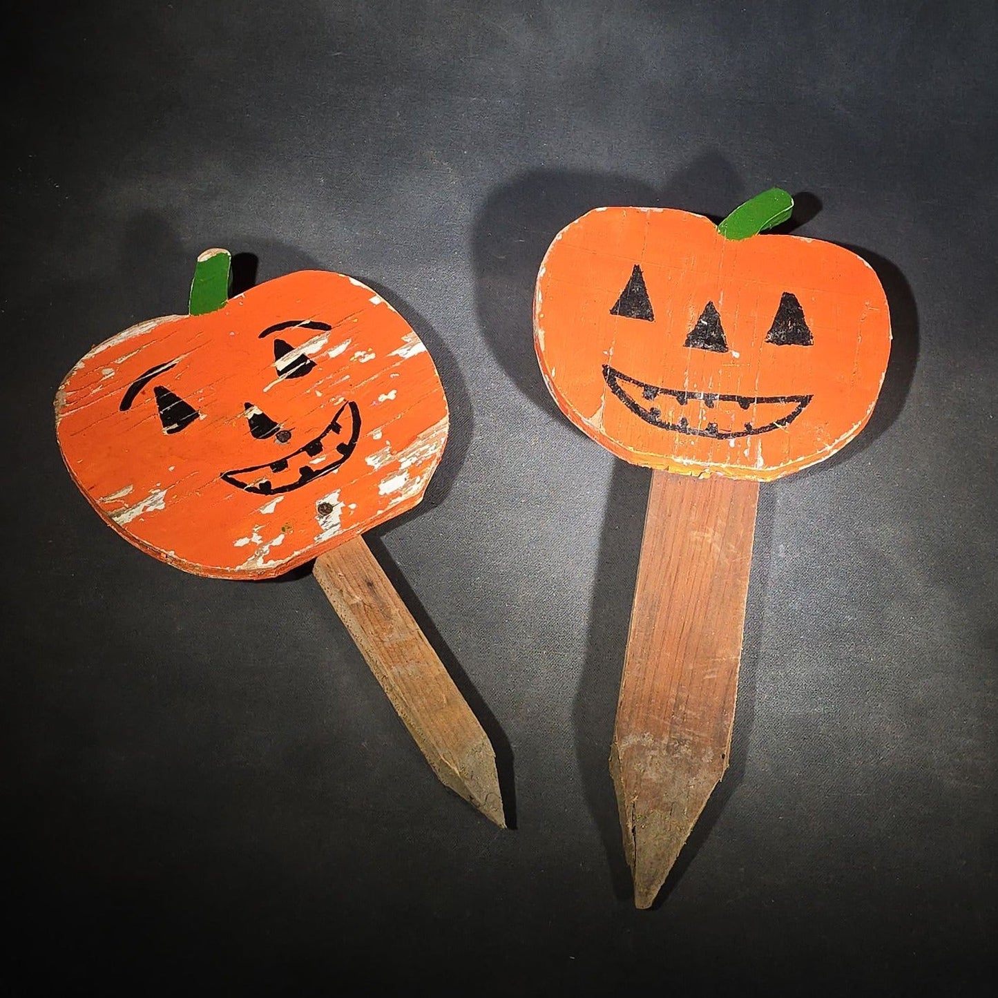 Pair of Vintage Folk Art Halloween Jack-O-Lantern Painted Wood Garden Stakes