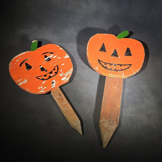 Pair of Vintage Folk Art Halloween Jack-O-Lantern Painted Wood Garden Stakes