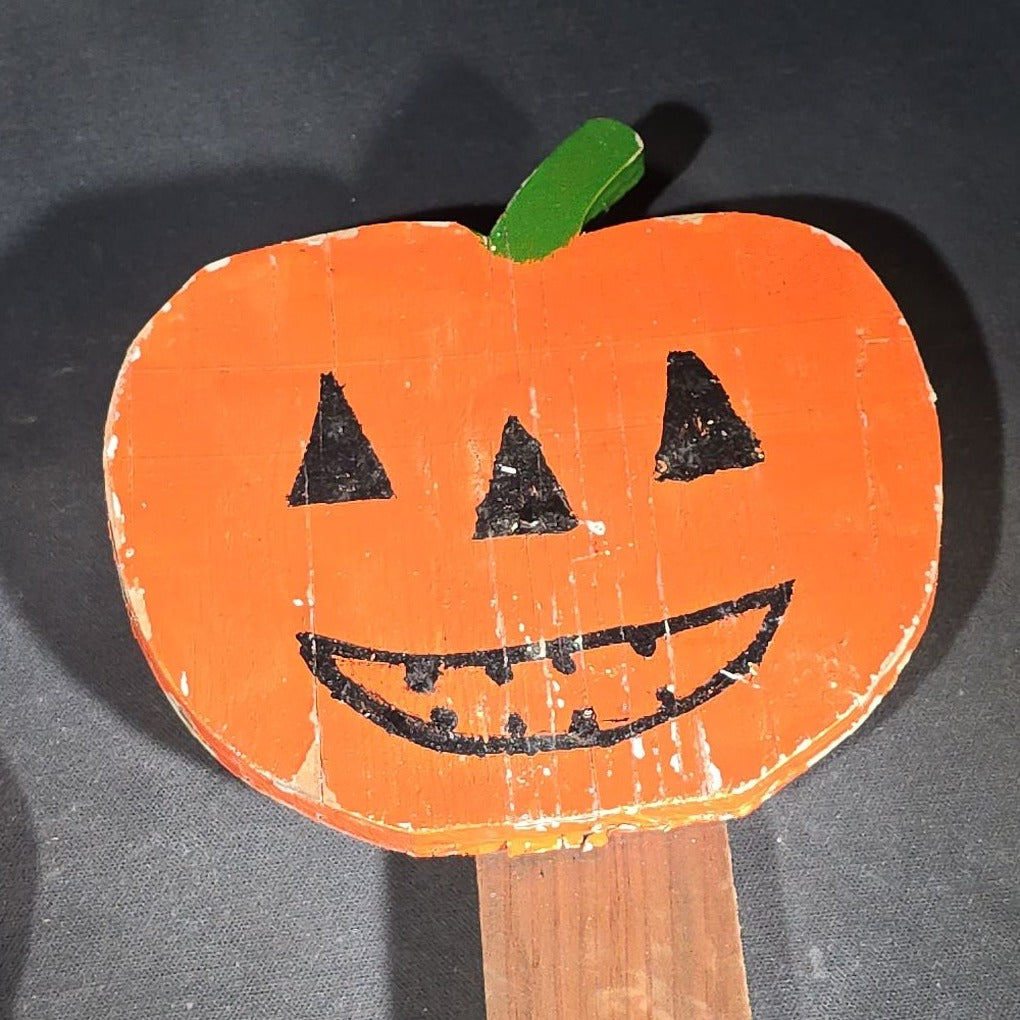 Pair of Vintage Folk Art Halloween Jack-O-Lantern Painted Wood Garden Stakes