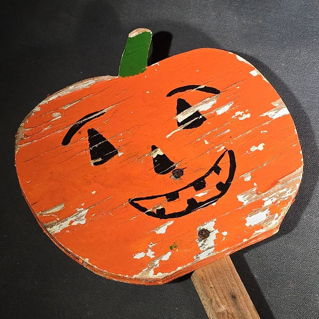 Pair of Vintage Folk Art Halloween Jack-O-Lantern Painted Wood Garden Stakes