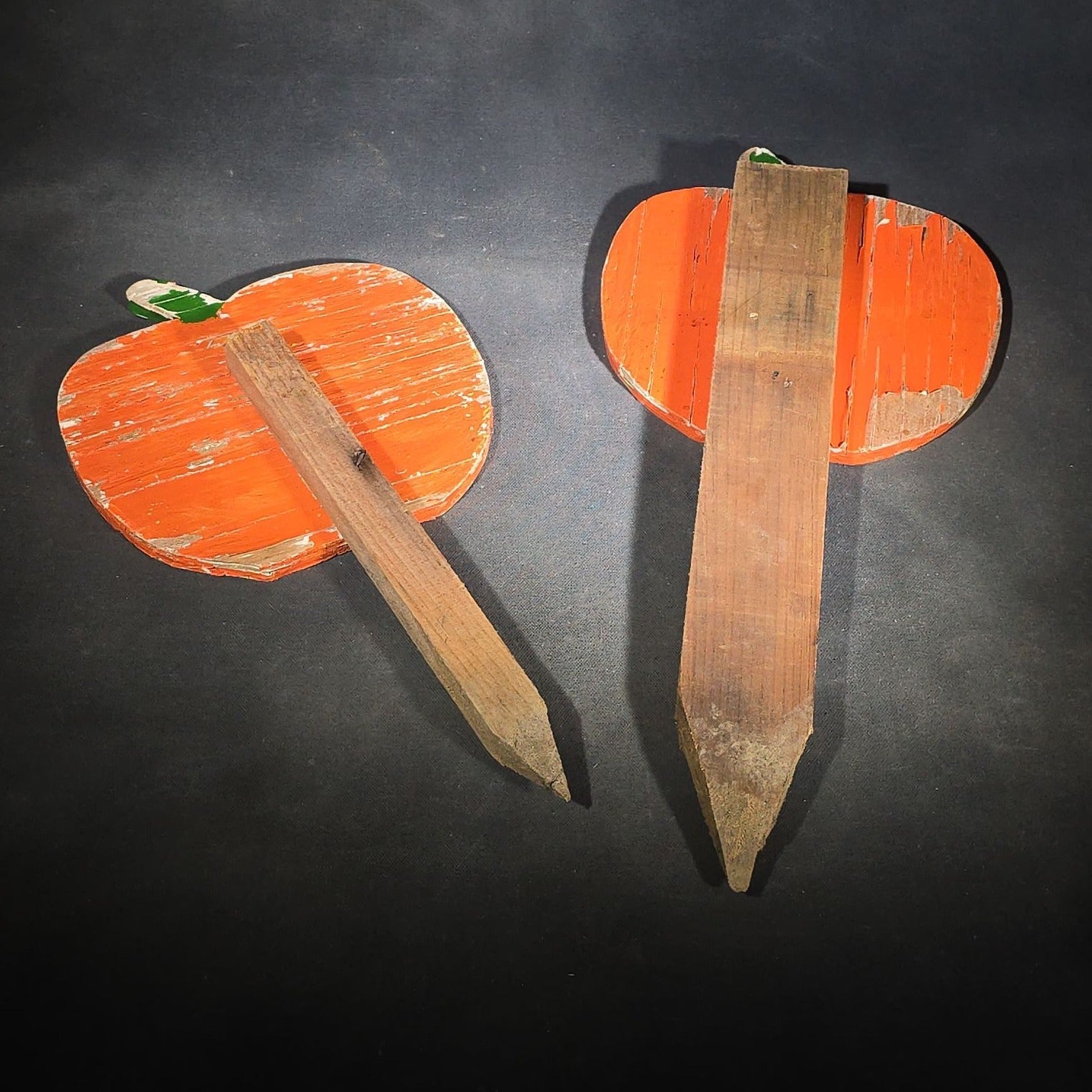 Pair of Vintage Folk Art Halloween Jack-O-Lantern Painted Wood Garden Stakes