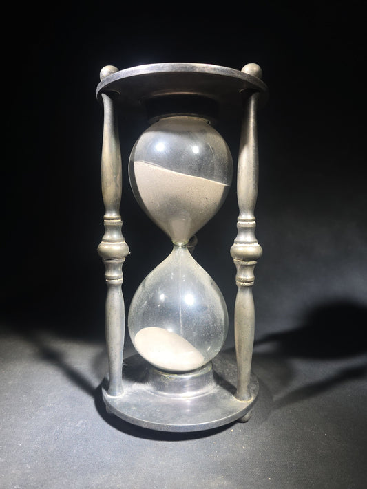 Vintage Pewter-Tone Metal Hourglass Sand Timer with Turned Spindle Columns and Ball Feet