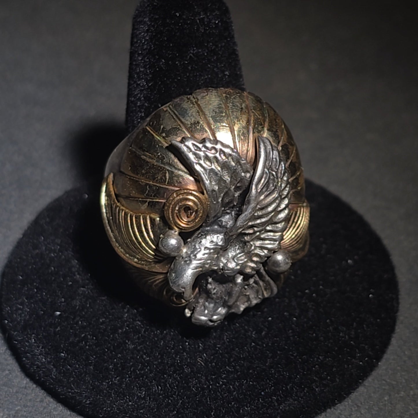 Vintage Sterling Silver and 12K Gold-Filled Eagle Men's Biker Ring with Spread Wings and Sunburst Dome, Marked "TD"